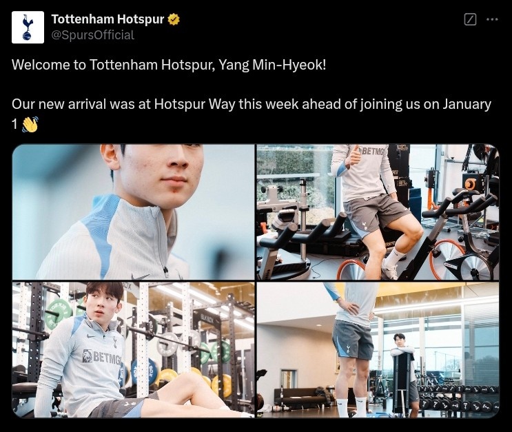 18歲韓國邊鋒梁民革開始隨熱刺訓練，球隊官推曬照表示歡迎